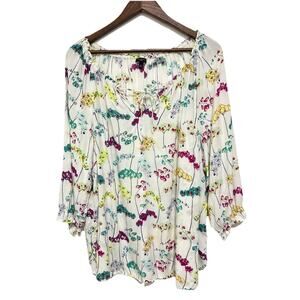 Talbots Woman 2X Floral Peasant Blouse White Tie Neck 3/4 Sleeve Top